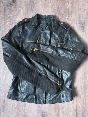 therapy Black Faux Leather Bomber Jacket with Ribbed Knit Sleeves